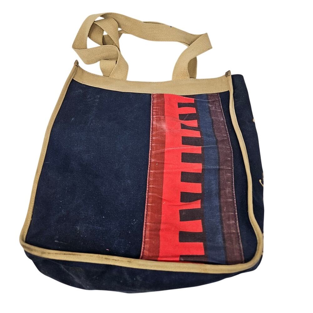 Vintage 70s Kennedy Center Canvas Tote Bag Navy Modern Stripe Art School